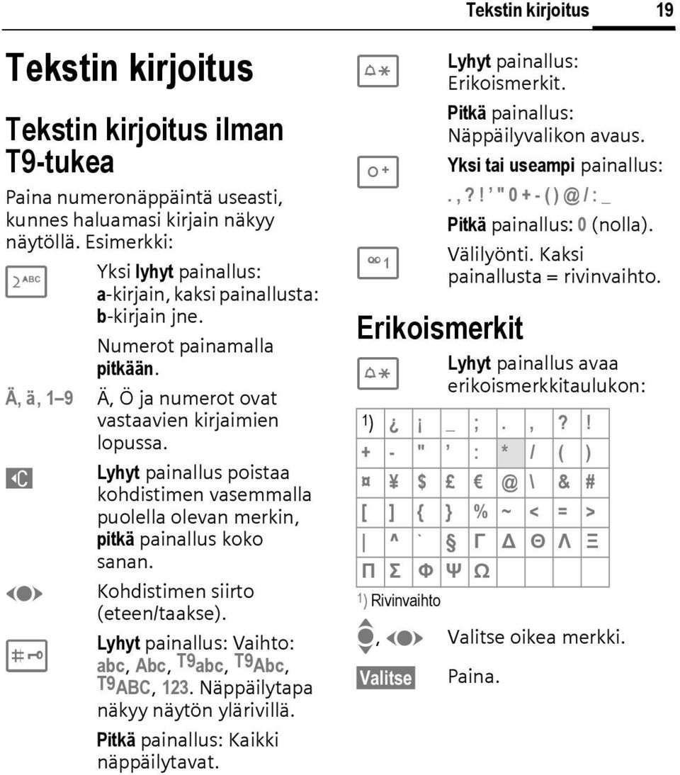 ] Lyhyt painallus poistaa kohdistimen vasemmalla puolella olevan merkin, pitkä painallus koko sanan. F Kohdistimen siirto (eteen/taakse). Lyhyt painallus: Vaihto: # abc, Abc, T9abc, T9Abc, T9AB, 123.