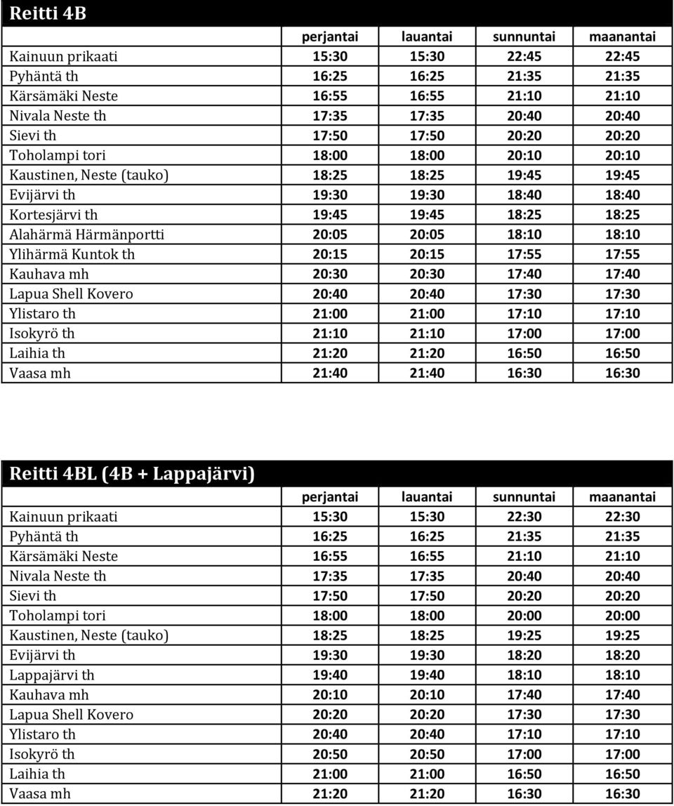 17:40 17:40 Lapua Shell Kovero 20:40 20:40 17:30 17:30 Ylistaro th 21:00 21:00 17:10 17:10 Isokyrö th 21:10 21:10 17:00 17:00 Laihia th 21:20 21:20 16:50 16:50 Vaasa mh 21:40 21:40 16:30 16:30 Reitti