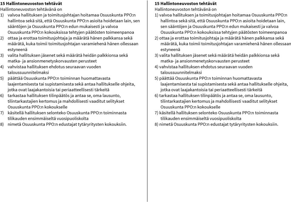 toimii toimitusjohtajan varamiehenä hänen ollessaan estyneenä 3) valita hallituksen jäsenet sekä määrätä heidän palkkionsa sekä matka- ja ansionmenetyskorvausten perusteet 4) vahvistaa hallituksen