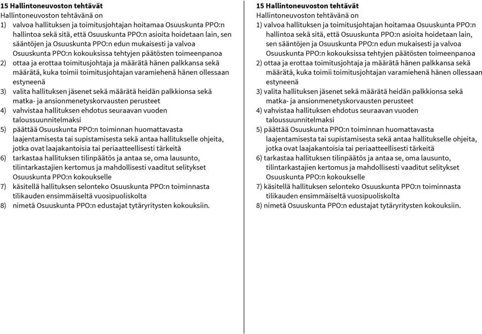 toimii toimitusjohtajan varamiehenä hänen ollessaan estyneenä 3) valita hallituksen jäsenet sekä määrätä heidän palkkionsa sekä matka- ja ansionmenetyskorvausten perusteet 4) vahvistaa hallituksen