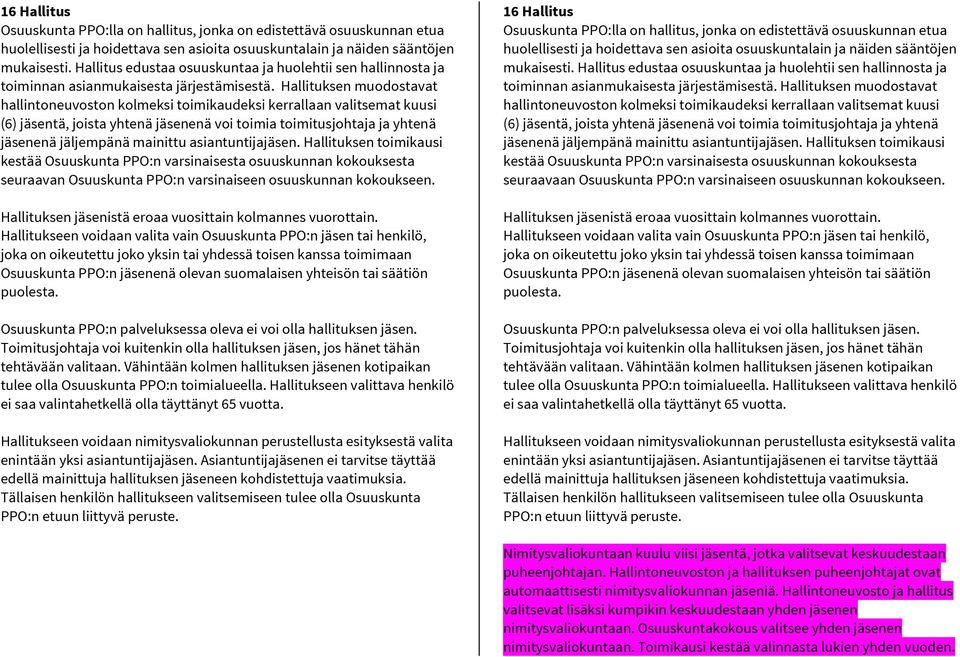 Hallituksen muodostavat hallintoneuvoston kolmeksi toimikaudeksi kerrallaan valitsemat kuusi (6) jäsentä, joista yhtenä jäsenenä voi toimia toimitusjohtaja ja yhtenä jäsenenä jäljempänä mainittu