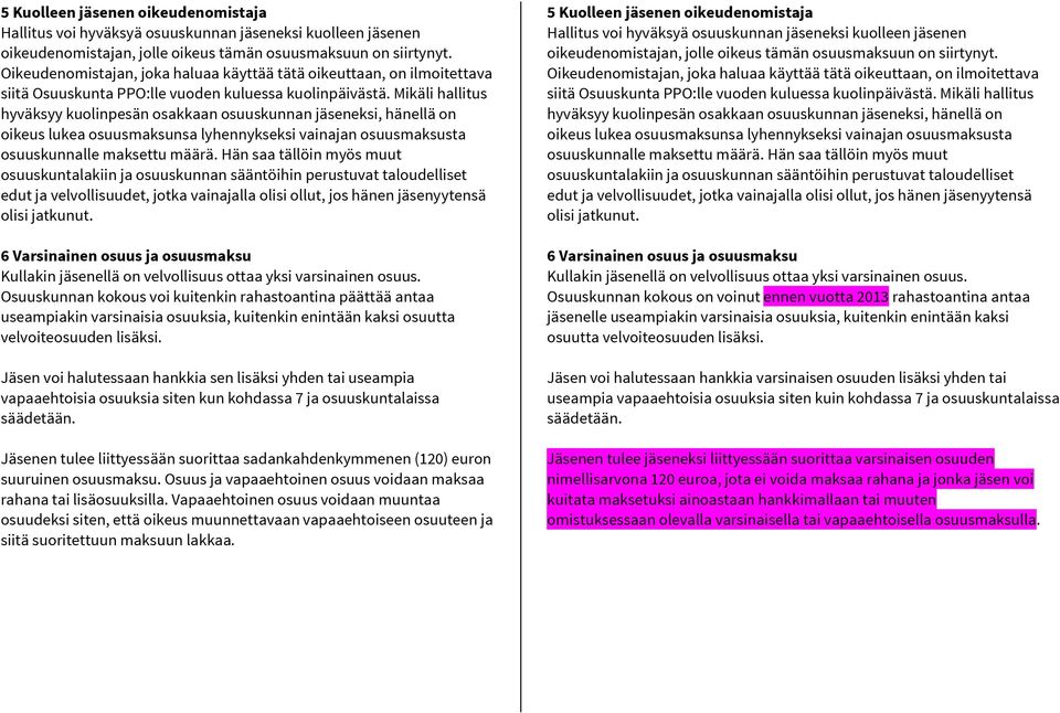 Mikäli hallitus hyväksyy kuolinpesän osakkaan osuuskunnan jäseneksi, hänellä on oikeus lukea osuusmaksunsa lyhennykseksi vainajan osuusmaksusta osuuskunnalle maksettu määrä.