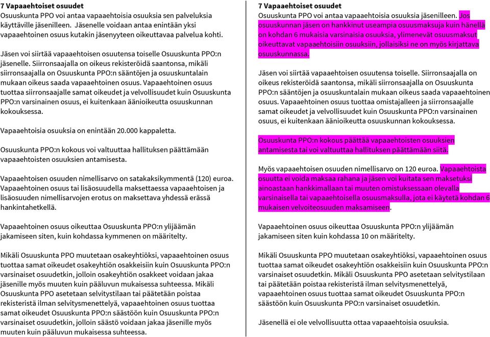 Siirronsaajalla on oikeus rekisteröidä saantonsa, mikäli siirronsaajalla on Osuuskunta PPO:n sääntöjen ja osuuskuntalain mukaan oikeus saada vapaaehtoinen osuus.