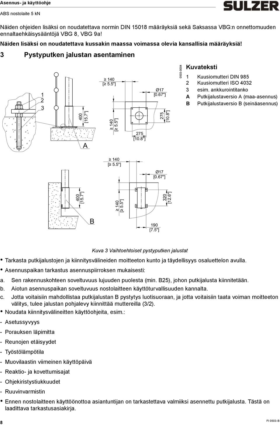 67"] 0503-0004 Kuvateksti 1 Kuusioutteri DIN 985 2 Kuusioutteri ISO 4032 3 esi. ankkurointitanko A Putkijalustaversio A (aa-asennus) B Putkijalustaversio B (seinäasennus) 400 [15.7"] A 140 [ 5.