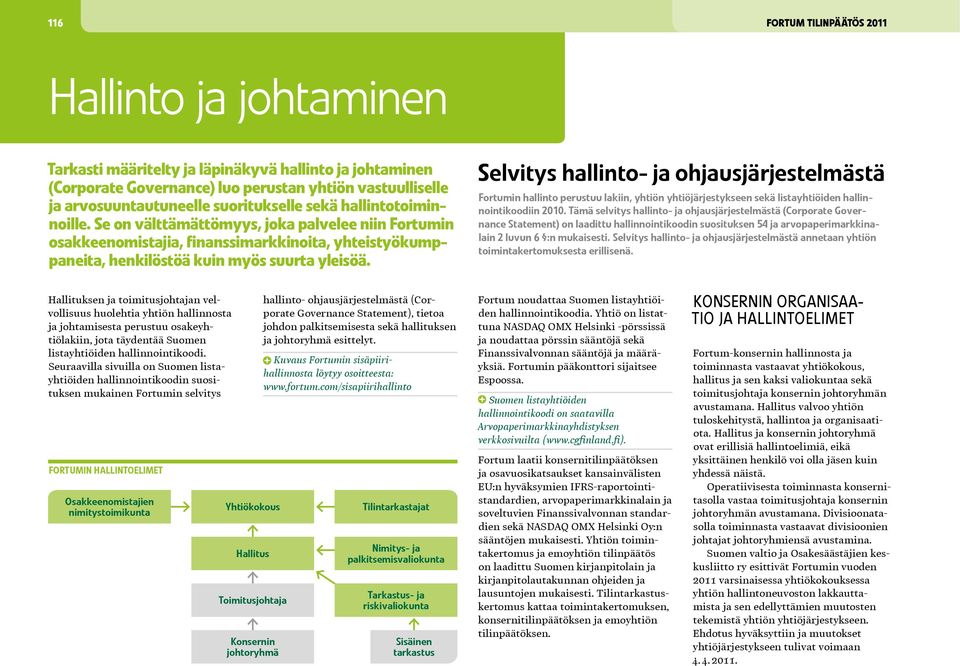 Selvitys hallinto- ja ohjausjärjestelmästä Fortumin hallinto perustuu lakiin, yhtiön yhtiöjärjestykseen sekä listayhtiöiden hallinnointikoodiin 2010.