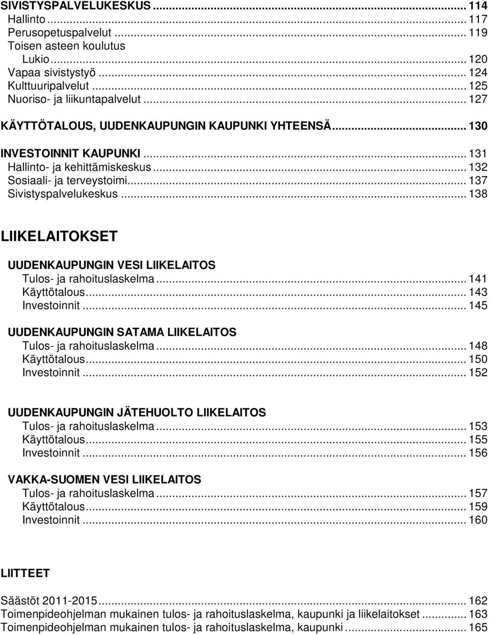 .. 138 LIIKELAITOKSET UUDENKAUPUNGIN VESI LIIKELAITOS Tulos- ja rahoituslaskelma... 141 Käyttötalous... 143 Investoinnit... 145 UUDENKAUPUNGIN SATAMA LIIKELAITOS Tulos- ja rahoituslaskelma.
