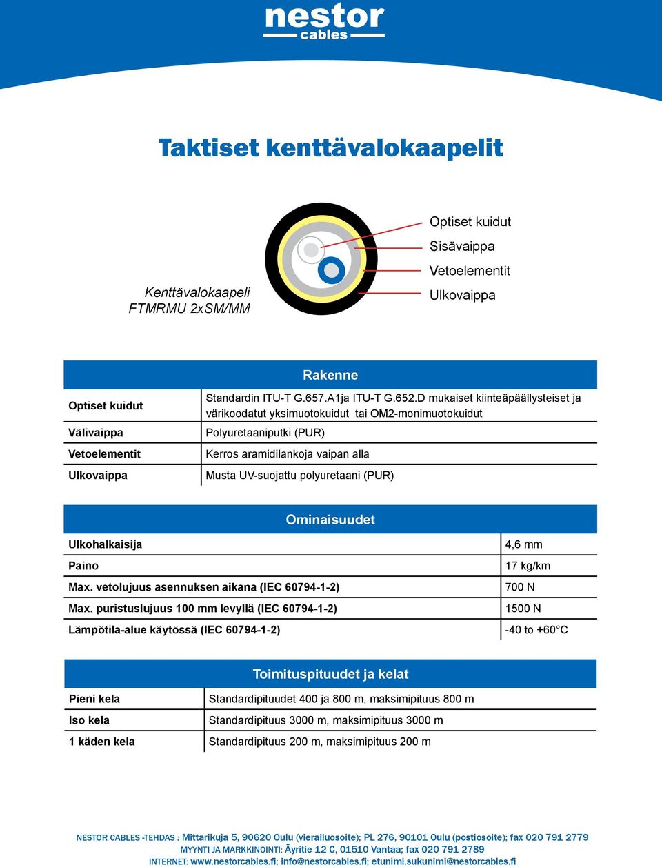 D mukaiset kiinteäpäällysteiset ja värikoodatut yksimuotokuidut tai OM2-monimuotokuidut Polyuretaaniputki (PUR) Kerros aramidilankoja vaipan alla Musta UV-suojattu polyuretaani (PUR) Ominaisuudet