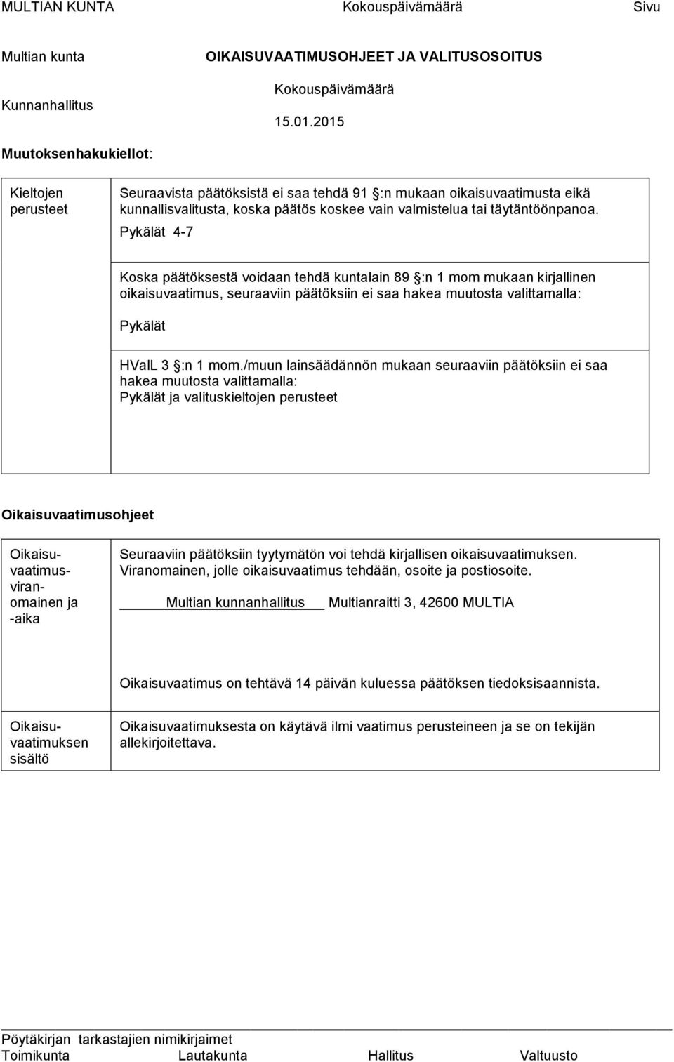 Pykälät 4-7 Koska päätöksestä voidaan tehdä kuntalain 89 :n 1 mom mukaan kirjallinen oikaisuvaatimus, seuraaviin päätöksiin ei saa hakea muutosta valittamalla: Pykälät HValL 3 :n 1 mom.