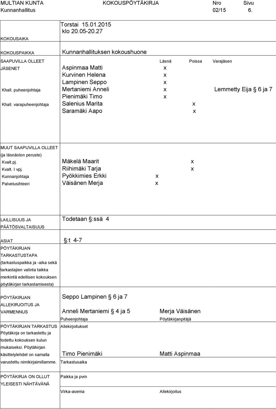 puheenjohtaja Mertaniemi Anneli x Lemmetty Eija 6 ja 7 Pienimäki Timo x Khall. varapuheenjohtaja Salenius Marita x Saramäki Aapo x MUUT SAAPUVILLA OLLEET (ja läsnäolon peruste) Kvalt.pj.