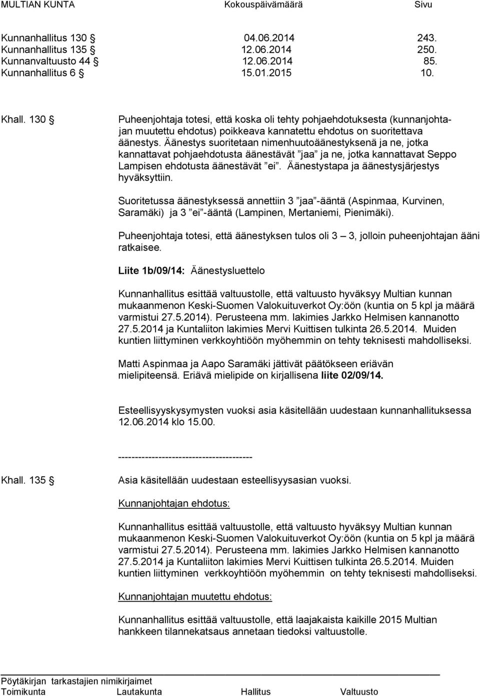 Äänestys suoritetaan nimenhuutoäänestyksenä ja ne, jotka kannattavat pohjaehdotusta äänestävät jaa ja ne, jotka kannattavat Seppo Lampisen ehdotusta äänestävät ei.