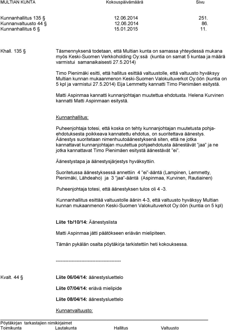 5.2014) Eija Lemmetty kannatti Timo Pienimäen esitystä. Matti Aspinmaa kannatti kunnanjohtajan muutettua ehdotusta. Helena Kurvinen kannatti Matti Aspinmaan esitystä.