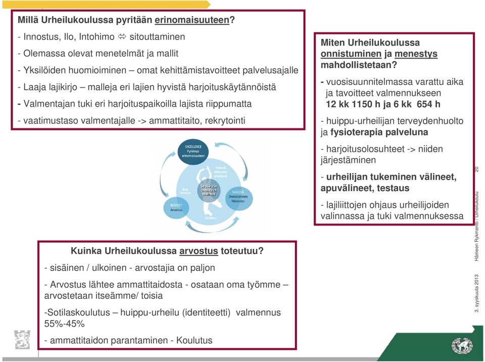 harjoituskäytännöistä - Valmentajan tuki eri harjoituspaikoilla lajista riippumatta - vaatimustaso valmentajalle -> ammattitaito, rekrytointi Kuinka Urheilukoulussa arvostus toteutuu?