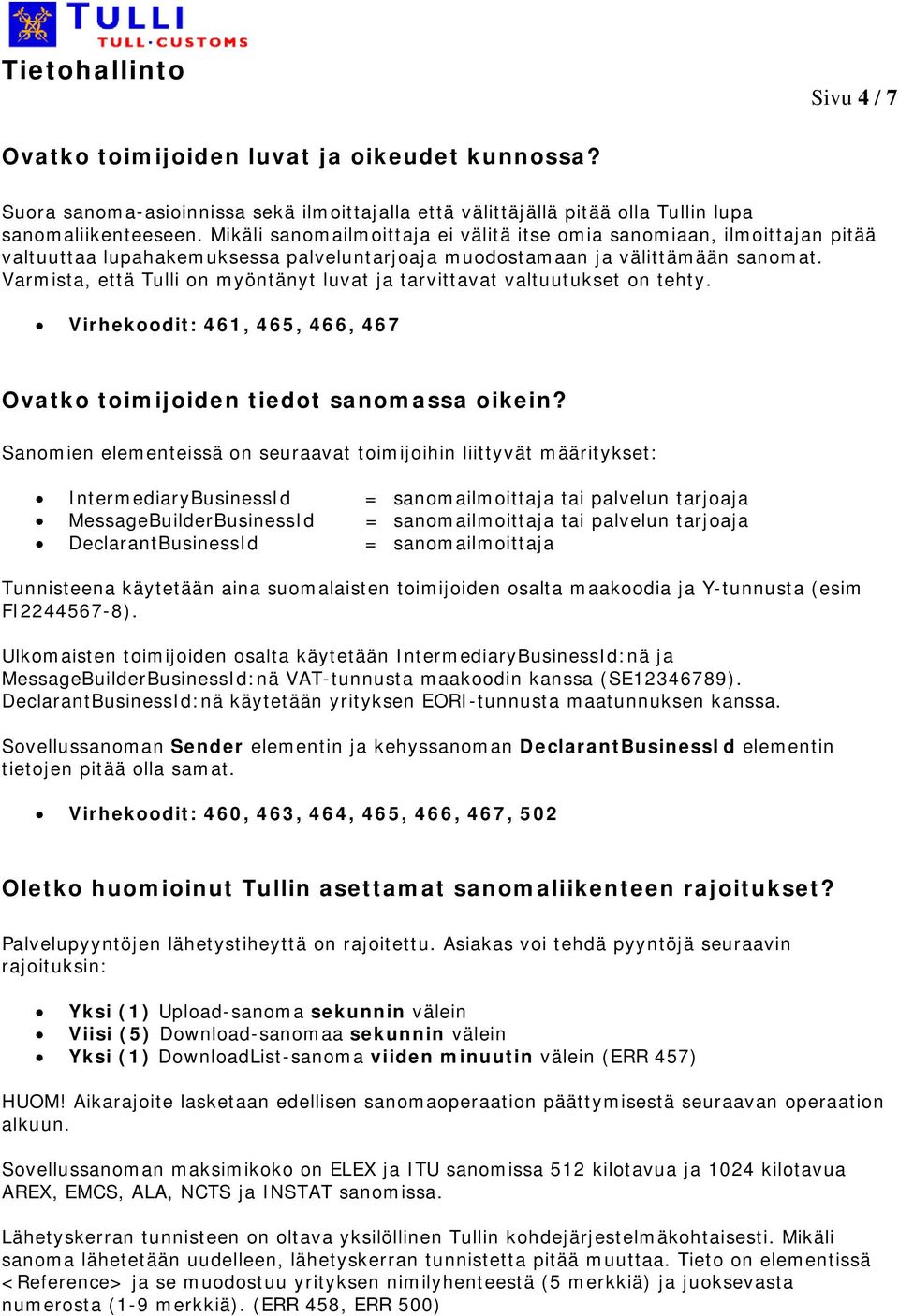 Varmista, että Tulli on myöntänyt luvat ja tarvittavat valtuutukset on tehty. Virhekoodit: 461, 465, 466, 467 Ovatko toimijoiden tiedot sanomassa oikein?