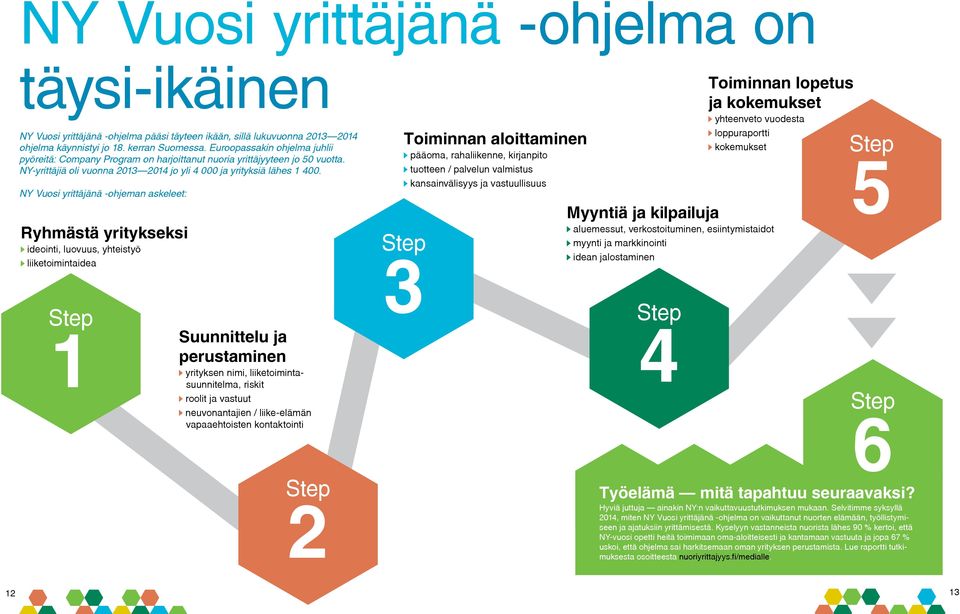 NY Vuosi yrittäjänä -ohjeman askeleet: Ryhmästä yritykseksi ideointi, luovuus, yhteistyö liiketoimintaidea Toiminnan aloittaminen pääoma, rahaliikenne, kirjanpito tuotteen / palvelun valmistus