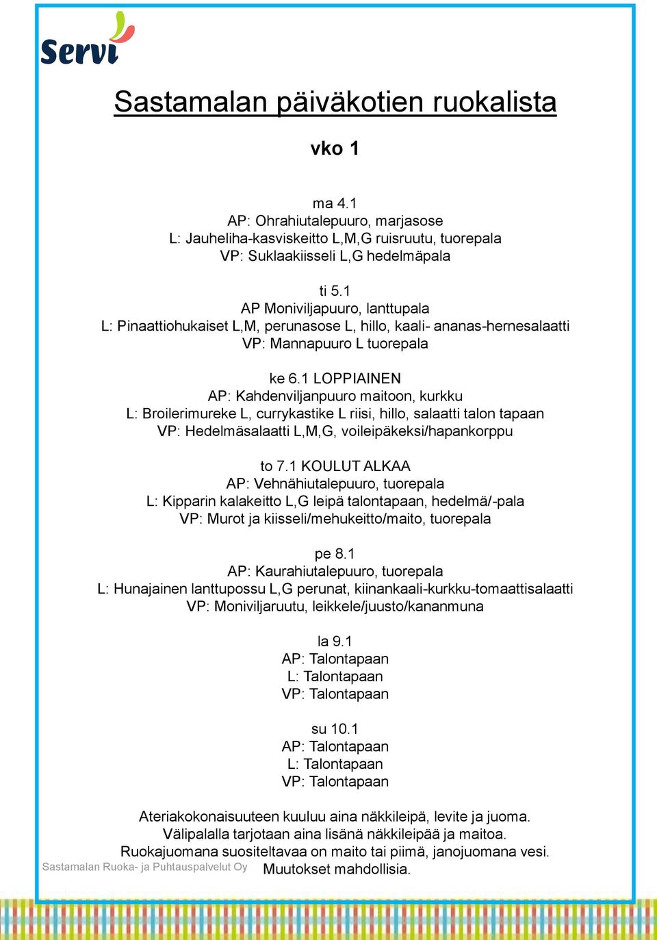 1 LOPPIAINEN AP: Kahdenviljanpuuro maitoon, kurkku L: Broilerimureke L, currykastike L riisi, hillo, salaatti talon tapaan VP: Hedelmäsalaatti L,M,G, voileipäkeksi/hapankorppu to 7.