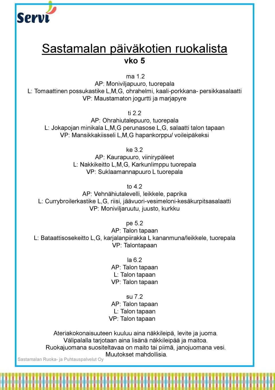 2 AP: Kaurapuuro, viinirypäleet L: Nakkikeitto L,M,G, Karkunlimppu tuorepala VP: Suklaamannapuuro L tuorepala to 4.