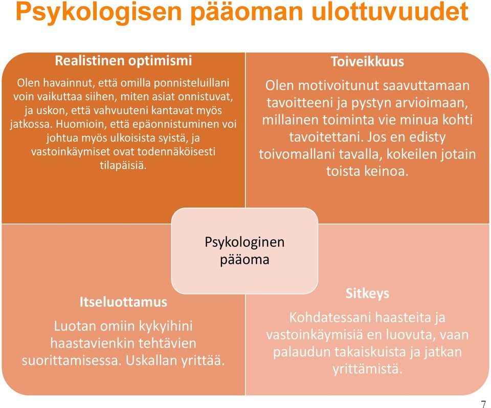 Toiveikkuus Olen motivoitunut saavuttamaan tavoitteeni ja pystyn arvioimaan, millainen toiminta vie minua kohti tavoitettani.