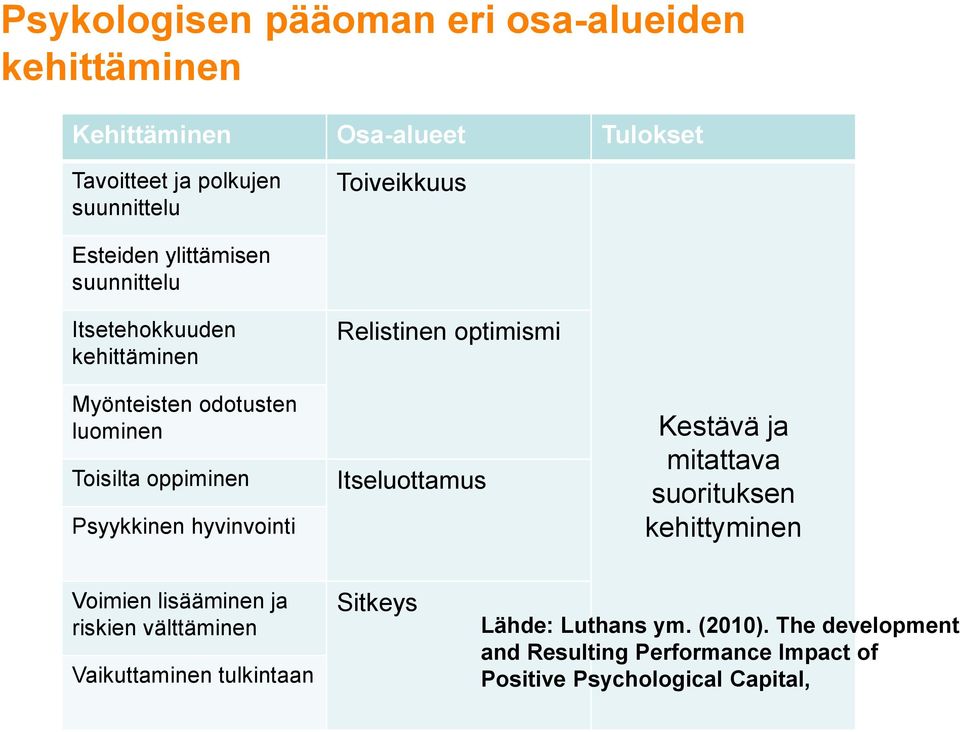 hyvinvointi Relistinen optimismi Itseluottamus Kestävä ja mitattava suorituksen kehittyminen Voimien lisääminen ja riskien