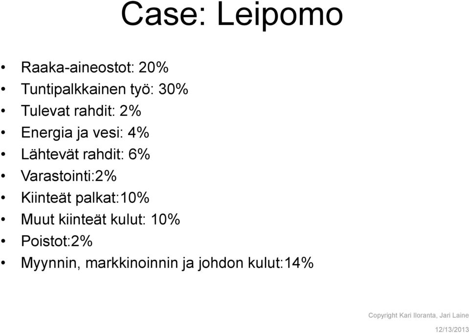 Kiinteät palkat:10% Muut kiinteät kulut: 10% Poistot:2% Myynnin,