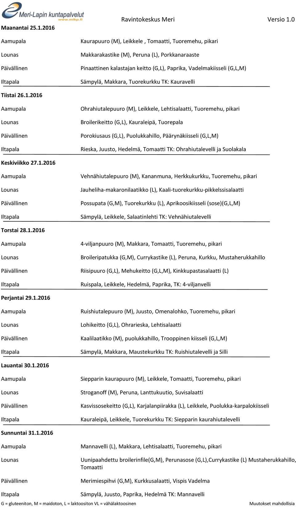 1.2016 Jauheliha-makaronilaatikko (L), Kaali-tuorekurkku-pikkelssisalaatti Possupata (G,M), Tuorekurkku (L), Aprikoosikiisseli (sose)(g,l,m) Torstai 28.1.2016 Broileripatukka (G,M), Currykastike (L),