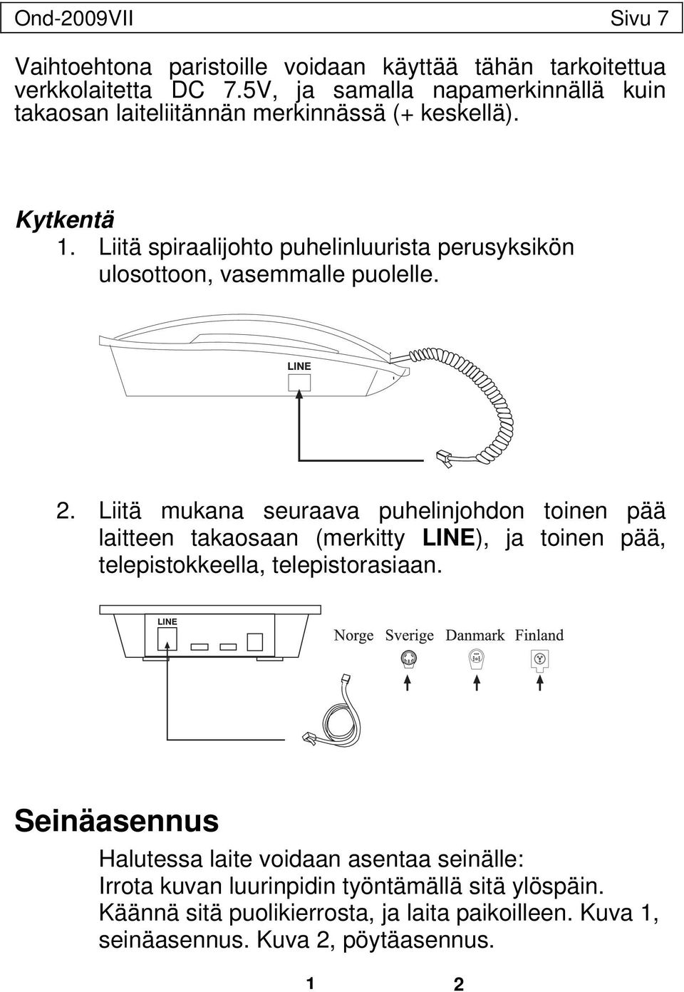 Liitä spiraalijohto puhelinluurista perusyksikön ulosottoon, vasemmalle puolelle. 2.