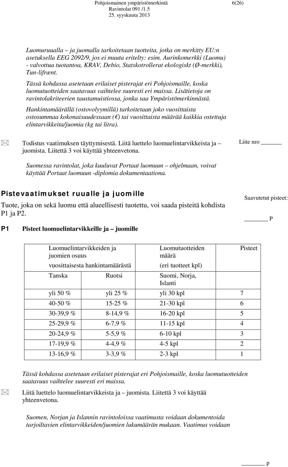 Tässä kohdassa asetetaan erilaiset pisterajat eri Pohjoismaille, koska luomutuotteiden saatavuus vaihtelee suuresti eri maissa.