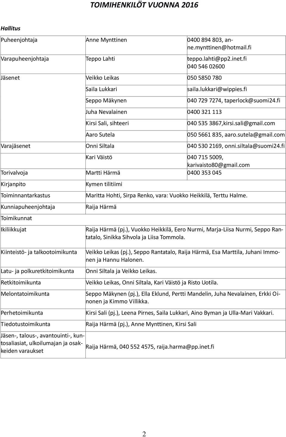 fi 040 535 3867,kirsi.sali@gmail.com 050 5661 835, aaro.sutela@gmail.com Varajäsenet Onni Siltala 040 530 2169, onni.siltala@suomi24.fi Kari Väistö 040 715 5009, karivaisto80@gmail.