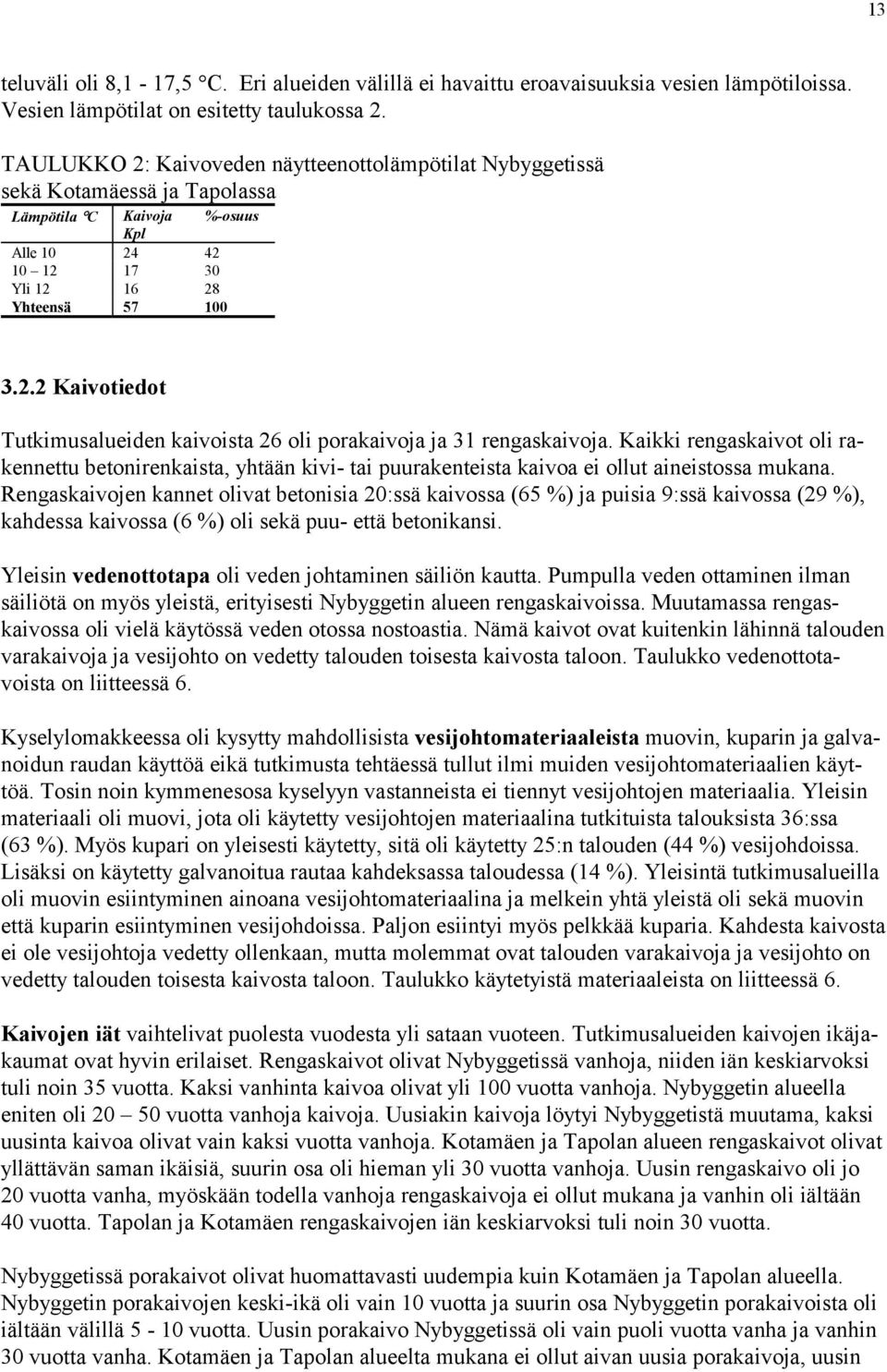 . Kaivotiedot Tutkimusalueiden kaivoista oli porakaivoja ja rengaskaivoja. Kaikki rengaskaivot oli rakennettu betonirenkaista, yhtään kivi- tai puurakenteista kaivoa ei ollut aineistossa mukana.