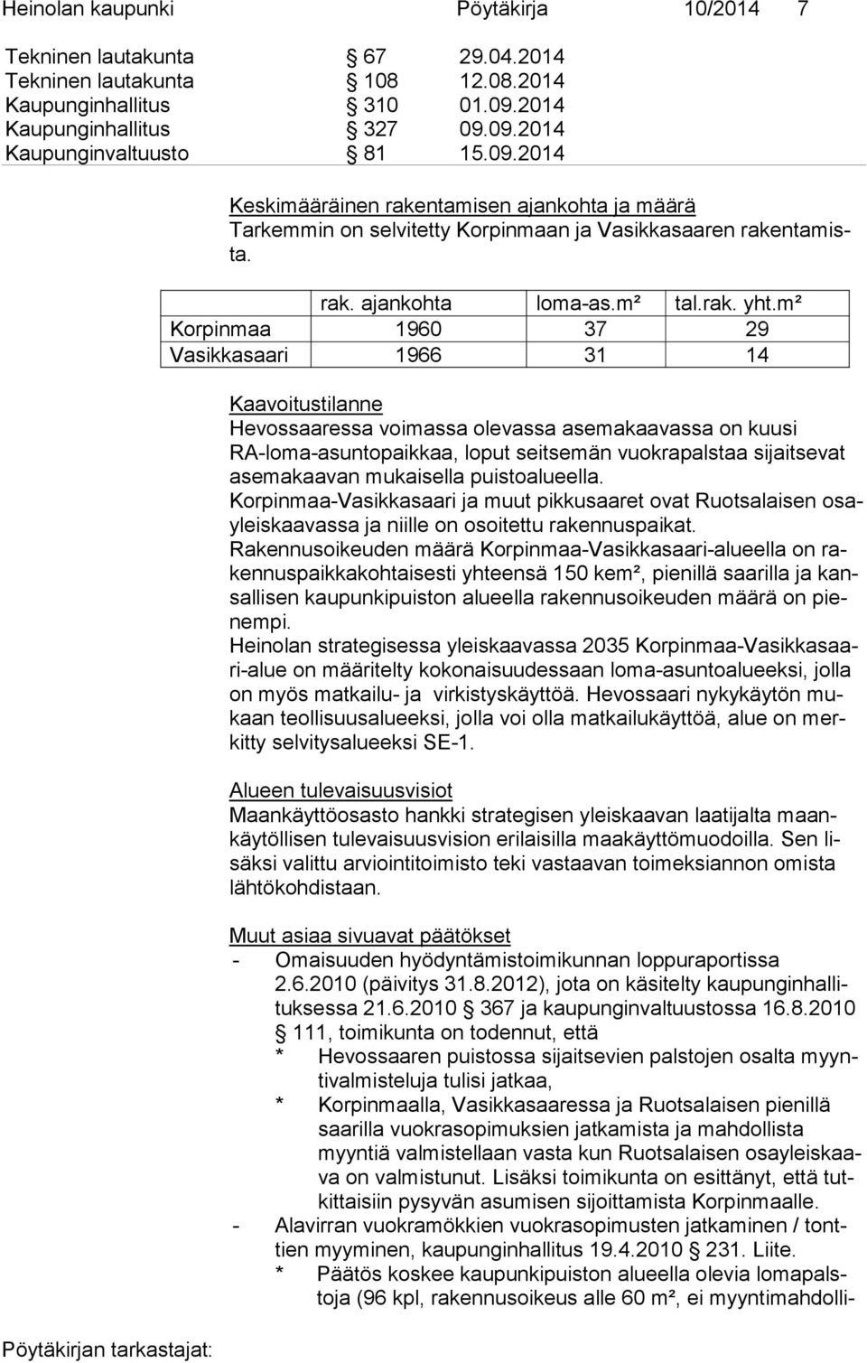 m² Korpinmaa 1960 37 29 Vasikkasaari 1966 31 14 Kaavoitustilanne Hevossaaressa voimassa olevassa asemakaavassa on kuusi RA-lo ma-asun to paik kaa, loput seitsemän vuokrapalstaa sijaitsevat ase ma kaa