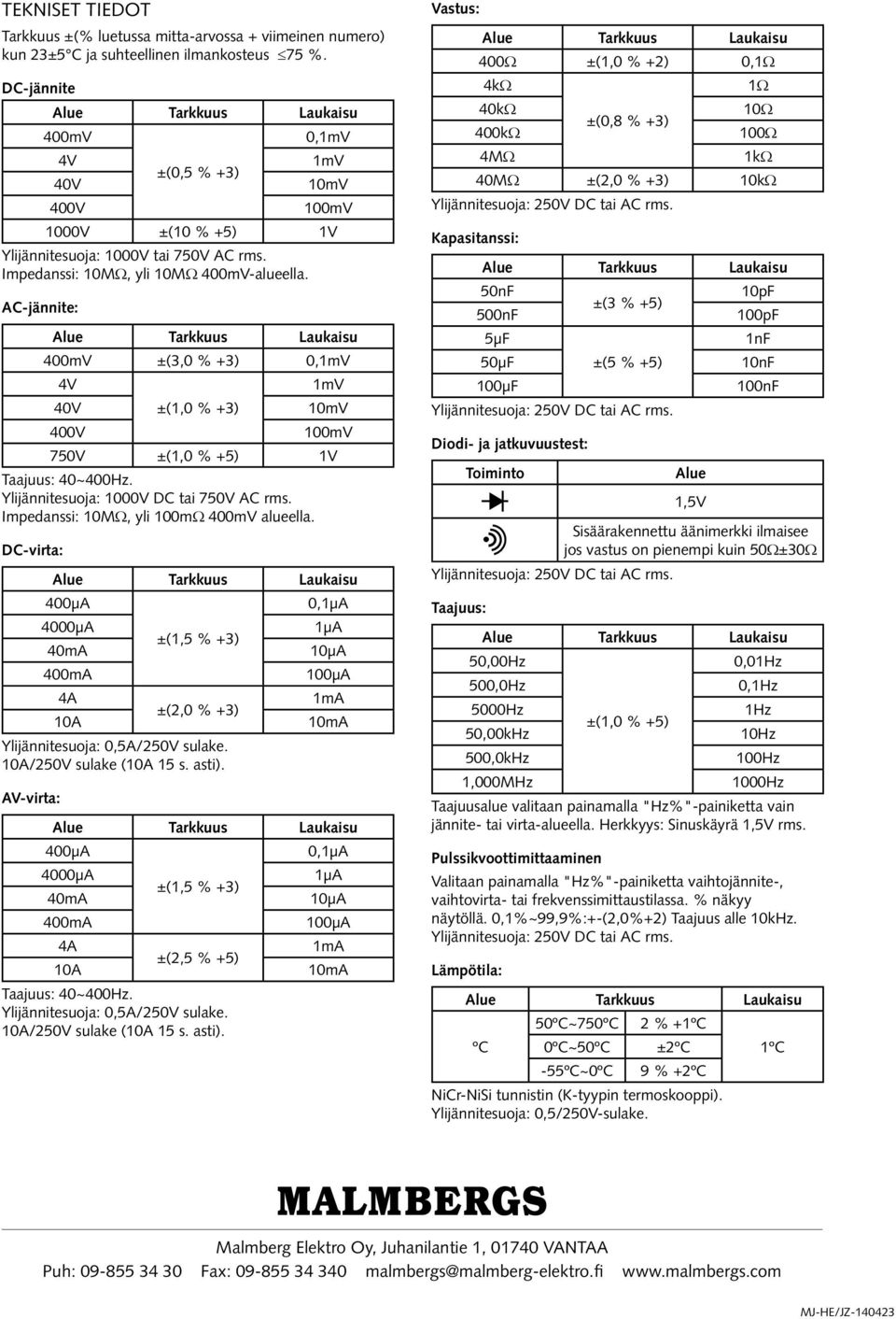 AC-jännite: 400mV ±(3,0 % +3) 0,1mV 4V 1mV 40V ±(1,0 % +3) 10mV 400V 100mV 750V ±(1,0 % +5) 1V Taajuus: 40~400Hz. Ylijännitesuoja: 1000V DC tai 750V AC rms. Impedanssi: 10MΩ, yli 100mΩ 400mV alueella.