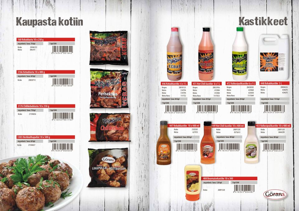 Kebabkastike 6 x 1 L Kespro 20010133 Metro 514794 Heino 514794 Meira Nova 111752 *6416345004469* 447 Kebabkastike 10 x 400 ml Kesko 2103581 Metro 621953 451 Hot Chili kastike 6 x 1 L Kespro 20022956