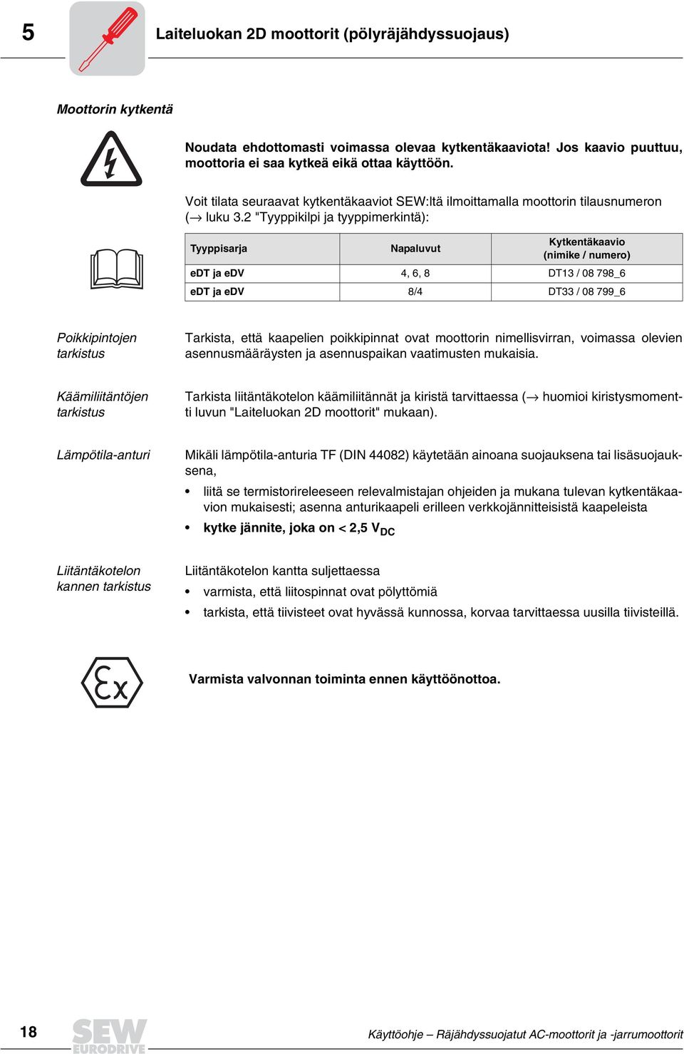 2 "Tyyppikilpi ja tyyppimerkintä): Tyyppisarja Napaluvut Kytkentäkaavio (nimike / numero) edt ja edv, 6, 8 DT13 / 08 798_6 edt ja edv 8/ DT33 / 08 799_6 Poikkipintojen tarkistus Tarkista, että