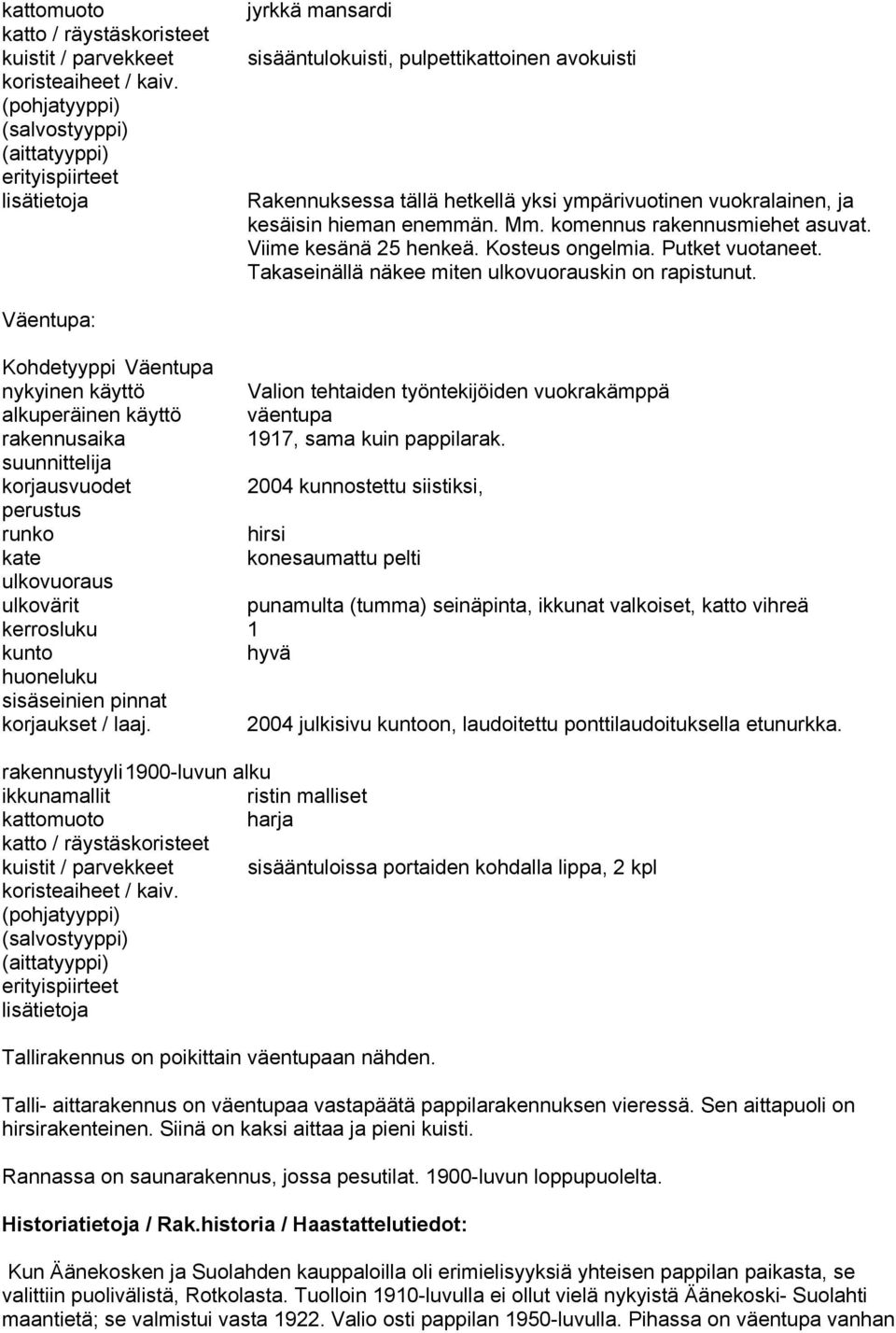 kesäisin hieman enemmän. Mm. komennus rakennusmiehet asuvat. Viime kesänä 25 henkeä. Kosteus ongelmia. Putket vuotaneet. Takaseinällä näkee miten ulkovuorauskin on rapistunut.