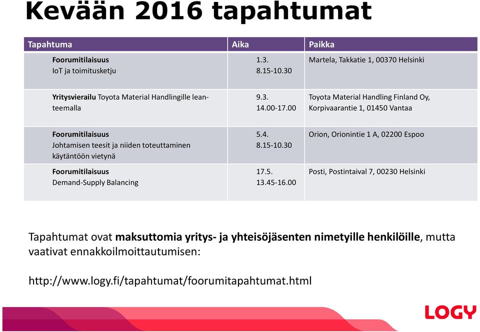 00 Toyota MaterialHandlingFinland Oy, Korpivaarantie 1, 01450 Vantaa Foorumitilaisuus Johtamisen teesit ja niiden toteuttaminen käytäntöön vietynä Foorumitilaisuus