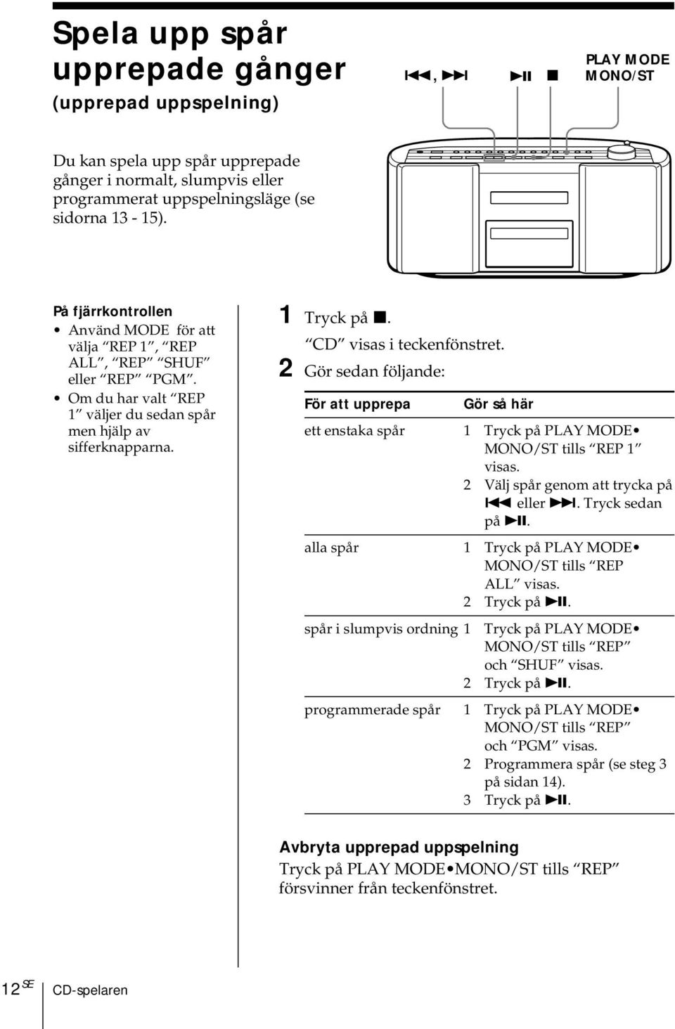 2 Gör sedan följande: För att upprepa Gör så här ett enstaka spår 1 Tryck på PLAY MODE MONO/ST tills REP 1 visas. 2 Välj spår genom att trycka på. eller >. Tryck sedan på u.