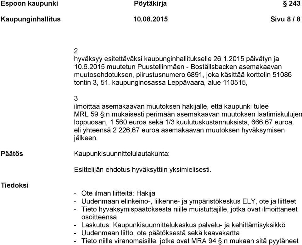 kaupunginosassa Leppävaara, alue 110515, 3 ilmoittaa asemakaavan muutoksen hakijalle, että kaupunki tulee MRL 59 :n mukaisesti perimään asemakaavan muutoksen laatimiskulujen loppuosan, 1 560 euroa