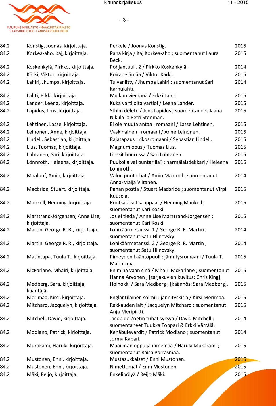 84.2 Lander, Leena, Kuka vartijoita vartioi / Leena Lander. 84.2 Lapidus, Jens, Sthlm delete / Jens Lapidus ; suomentaneet Jaana Nikula ja Petri Stenman. 84.2 Lehtinen, Lasse, Ei ole muuta antaa : romaani / Lasse Lehtinen.