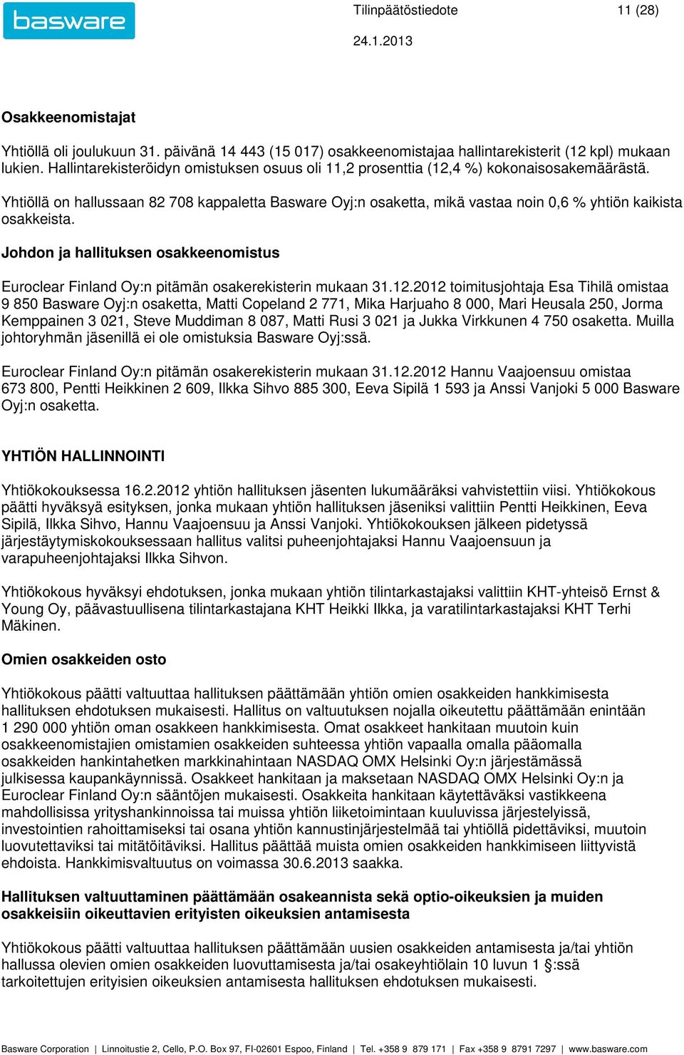 Yhtiöllä on hallussaan 82 708 kappaletta Basware Oyj:n osaketta, mikä vastaa noin 0,6 yhtiön kaikista osakkeista.