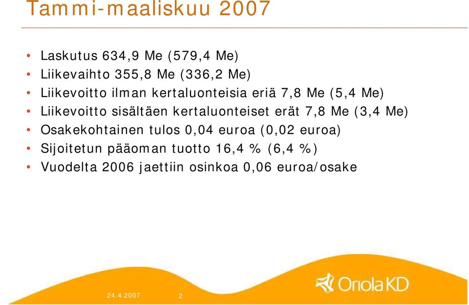 kertaluonteiset erät 7,8 Me (3,4 Me) Osakekohtainen tulos 0,04 euroa (0,02 euroa)