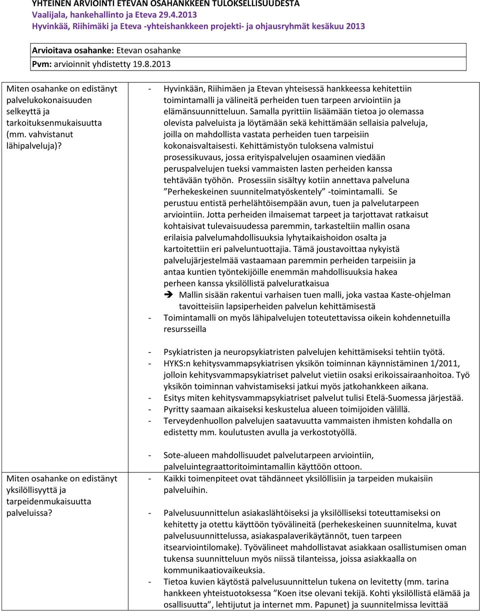 2013 edistänyt palvelukokonaisuuden selkeyttä ja tarkoituksenmukaisuutta (mm. vahvistanut lähipalveluja)?