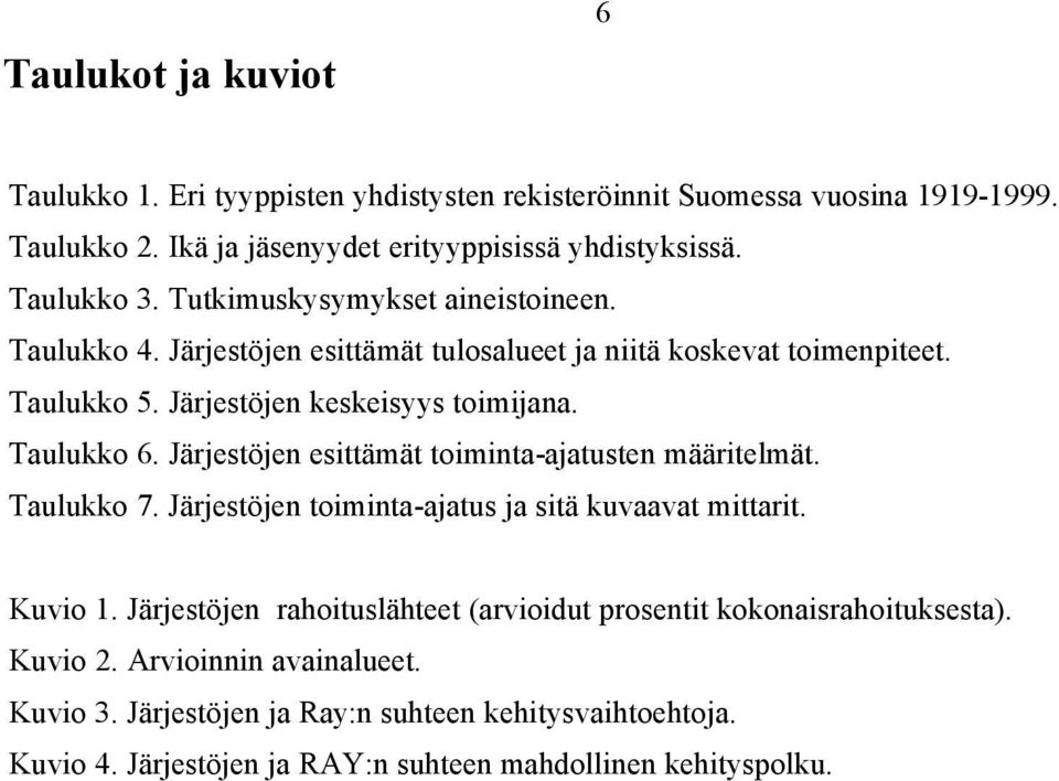 Järjestöjen esittämät toiminta-ajatusten määritelmät. Taulukko 7. Järjestöjen toiminta-ajatus ja sitä kuvaavat mittarit. Kuvio 1.