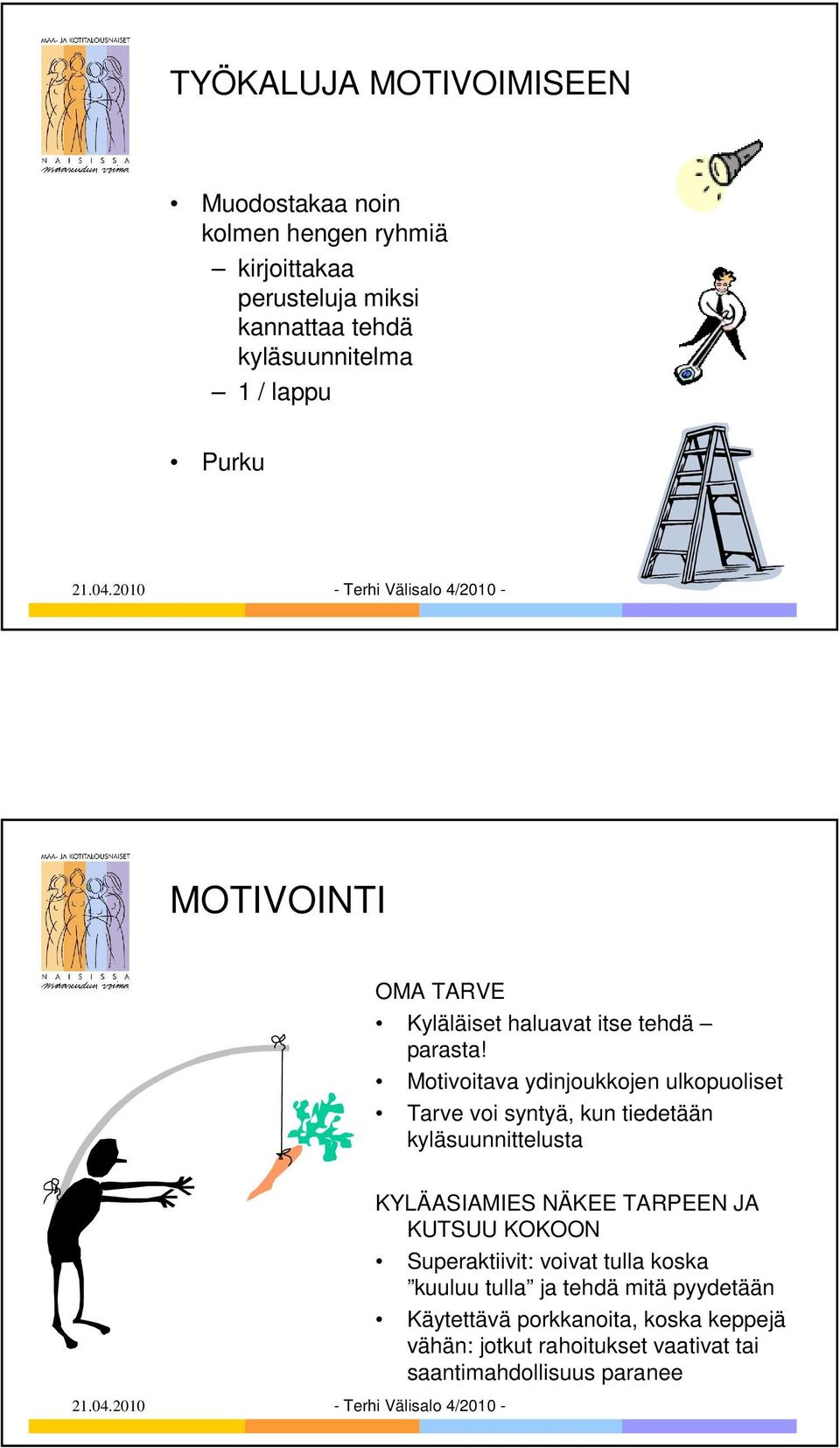 Motivoitava ydinjoukkojen ulkopuoliset Tarve voi syntyä, kun tiedetään kyläsuunnittelusta KYLÄASIAMIES NÄKEE TARPEEN JA KUTSUU