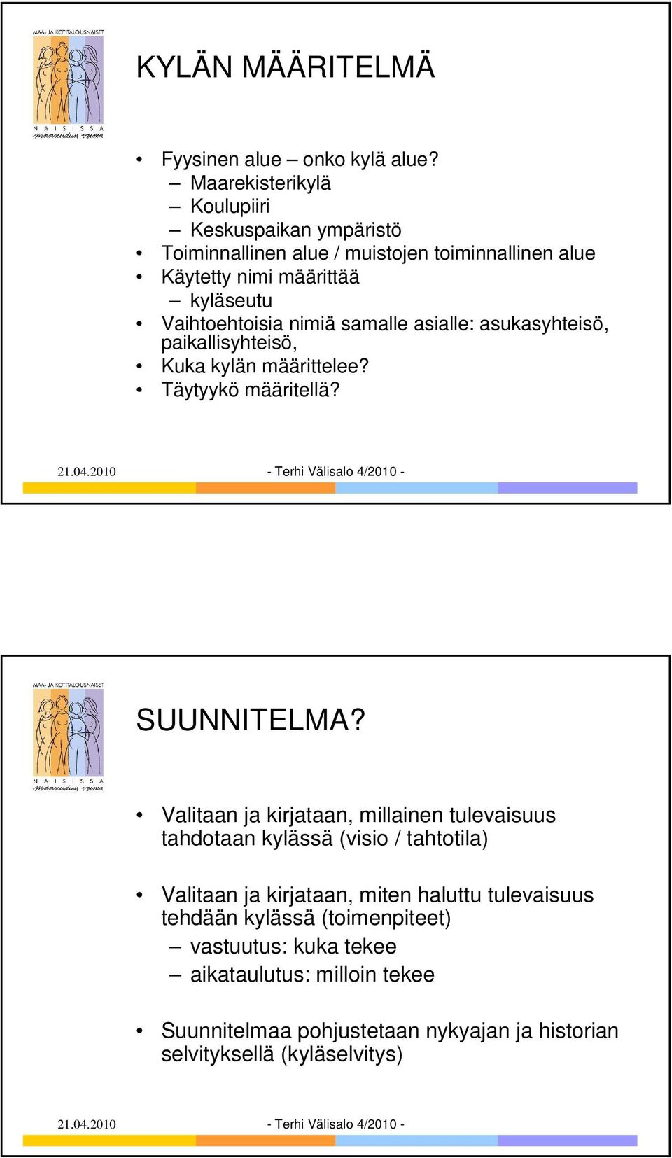 Vaihtoehtoisia nimiä samalle asialle: asukasyhteisö, paikallisyhteisö, Kuka kylän määrittelee? Täytyykö määritellä? SUUNNITELMA?