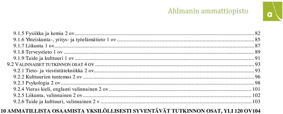 .. 96 9.2.3 Psykologia 2 ov... 98 9.2.4 Vieras kieli, englanti valinnainen 2 ov... 101 9.2.5 Liikunta, valinnainen 2 ov... 102 9.2.6 Taide ja kulttuuri, valinnainen 2 v.