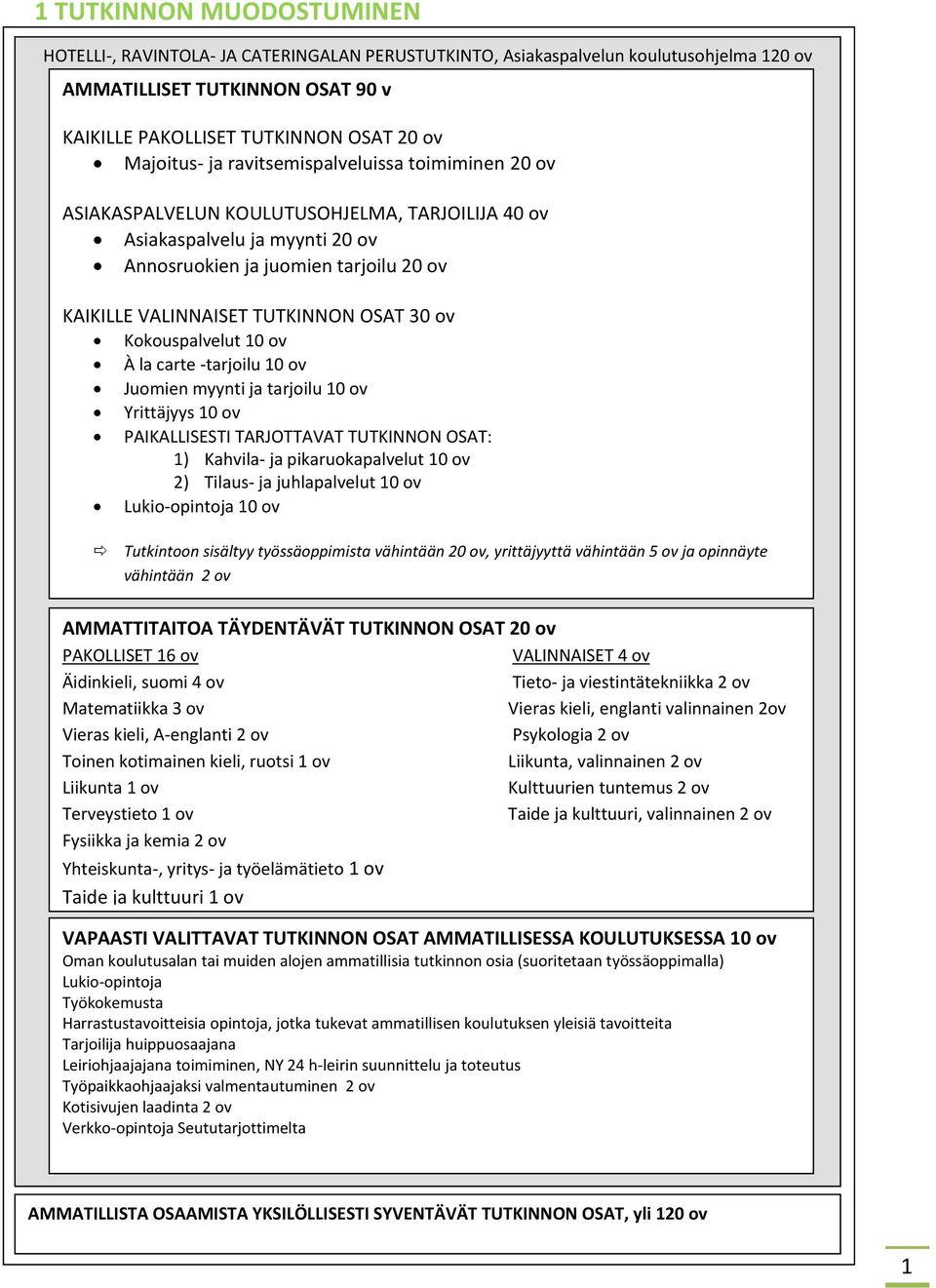 TUTKINNON OSAT 30 ov Kokouspalvelut 10 ov À la carte -tarjoilu 10 ov Juomien myynti ja tarjoilu 10 ov Yrittäjyys 10 ov PAIKALLISESTI TARJOTTAVAT TUTKINNON OSAT: 1) Kahvila- ja pikaruokapalvelut 10 ov