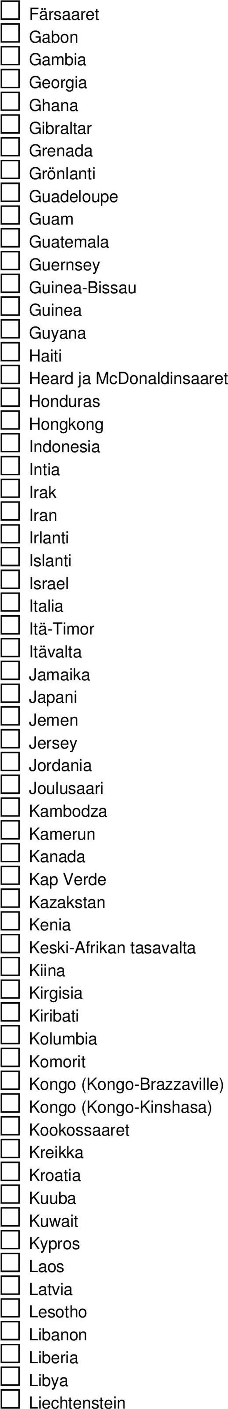 Jordania Joulusaari Kambodza Kamerun Kanada Kap Verde Kazakstan Kenia Keski-Afrikan tasavalta Kiina Kirgisia Kiribati Kolumbia Komorit Kongo