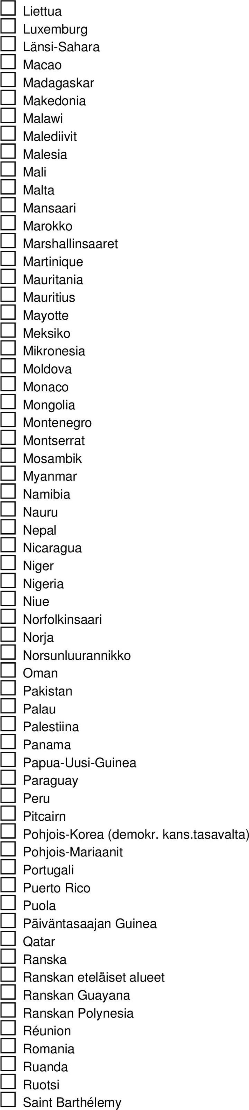 Norsunluurannikko Oman Pakistan Palau Palestiina Panama Papua-Uusi-Guinea Paraguay Peru Pitcairn Pohjois-Korea (demokr. kans.