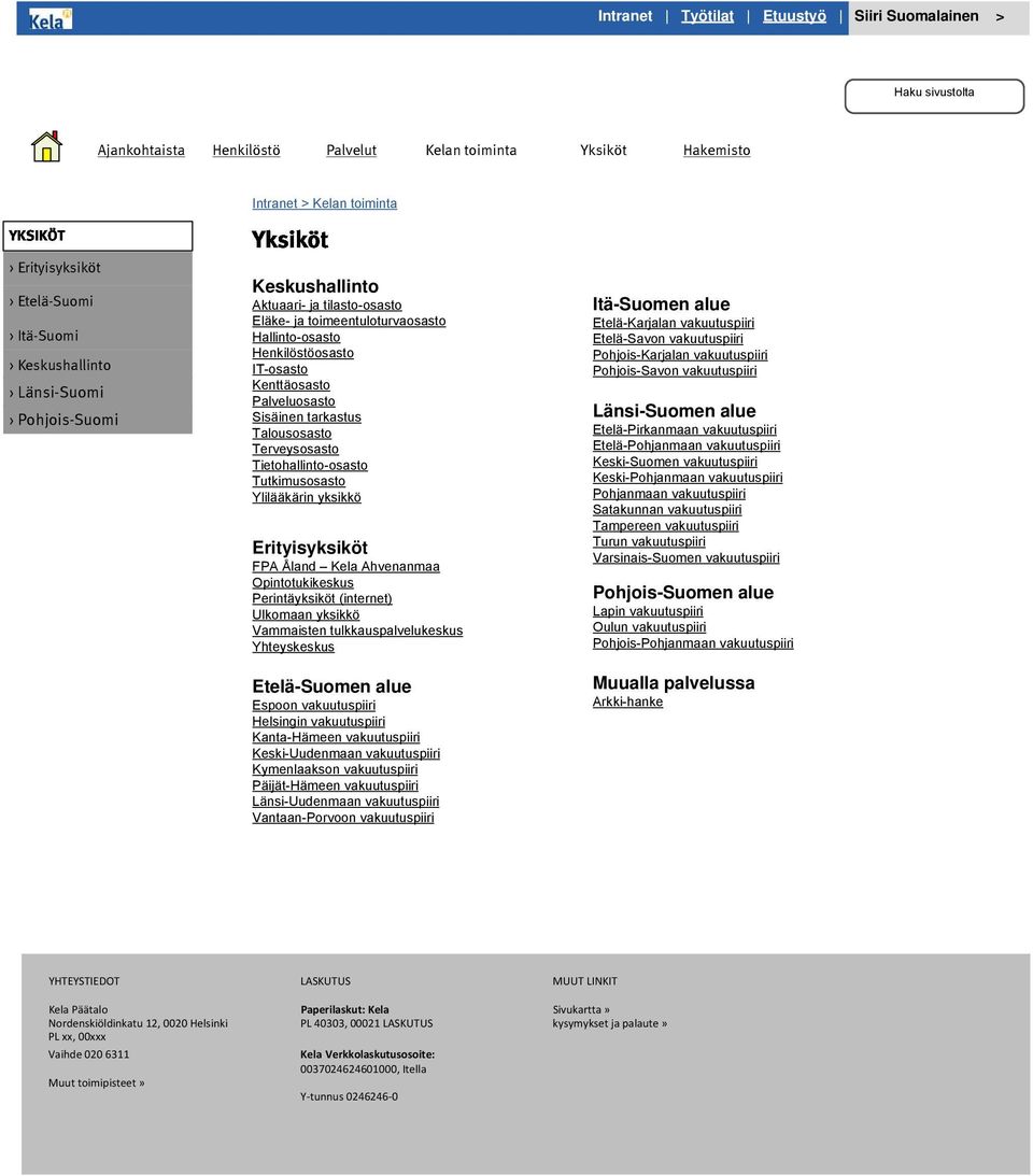 Opintotukikeskus Perintäyksiköt (internet) Ulkomaan yksikkö Vammaisten tulkkauspalvelukeskus Yhteyskeskus Etelä-Suomen alue Espoon vakuutuspiiri Helsingin vakuutuspiiri Kanta-Hämeen vakuutuspiiri