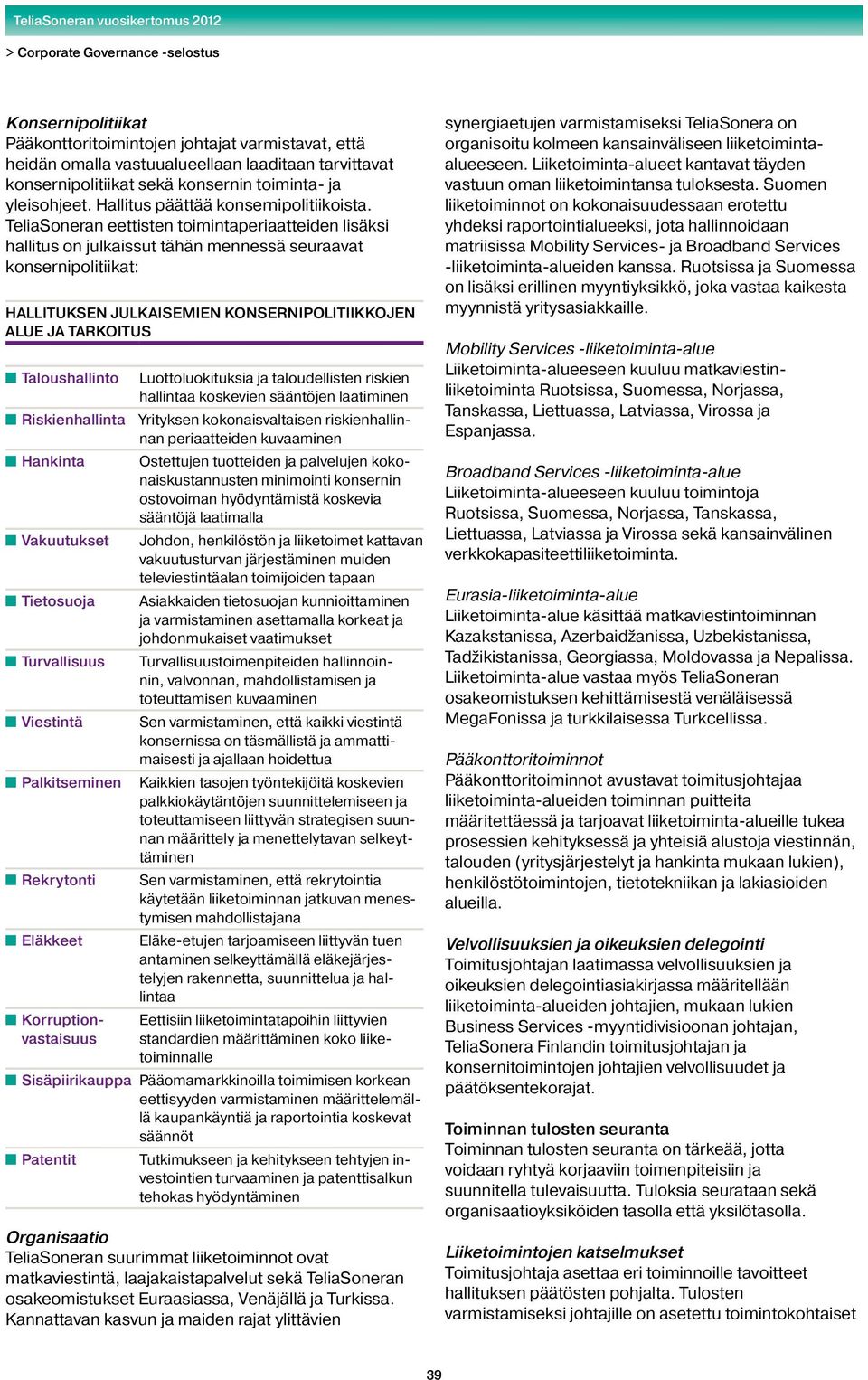 TeliaSoneran eettisten toimintaperiaatteiden lisäksi hallitus on julkaissut tähän mennessä seuraavat konsernipolitiikat: HALLITUKSEN JULKAISEMIEN KONSERNIPOLITIIKKOJEN ALUE JA TARKOITUS