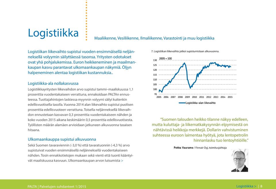 . Logistiikka-ala nollakasvussa Logistiikkayritysten liikevaihdon arvo supistui tammi maaliskuussa 1,1 prosenttia vuodentakaiseen verrattuna, ennakoidaan PALTAn ennusteessa.